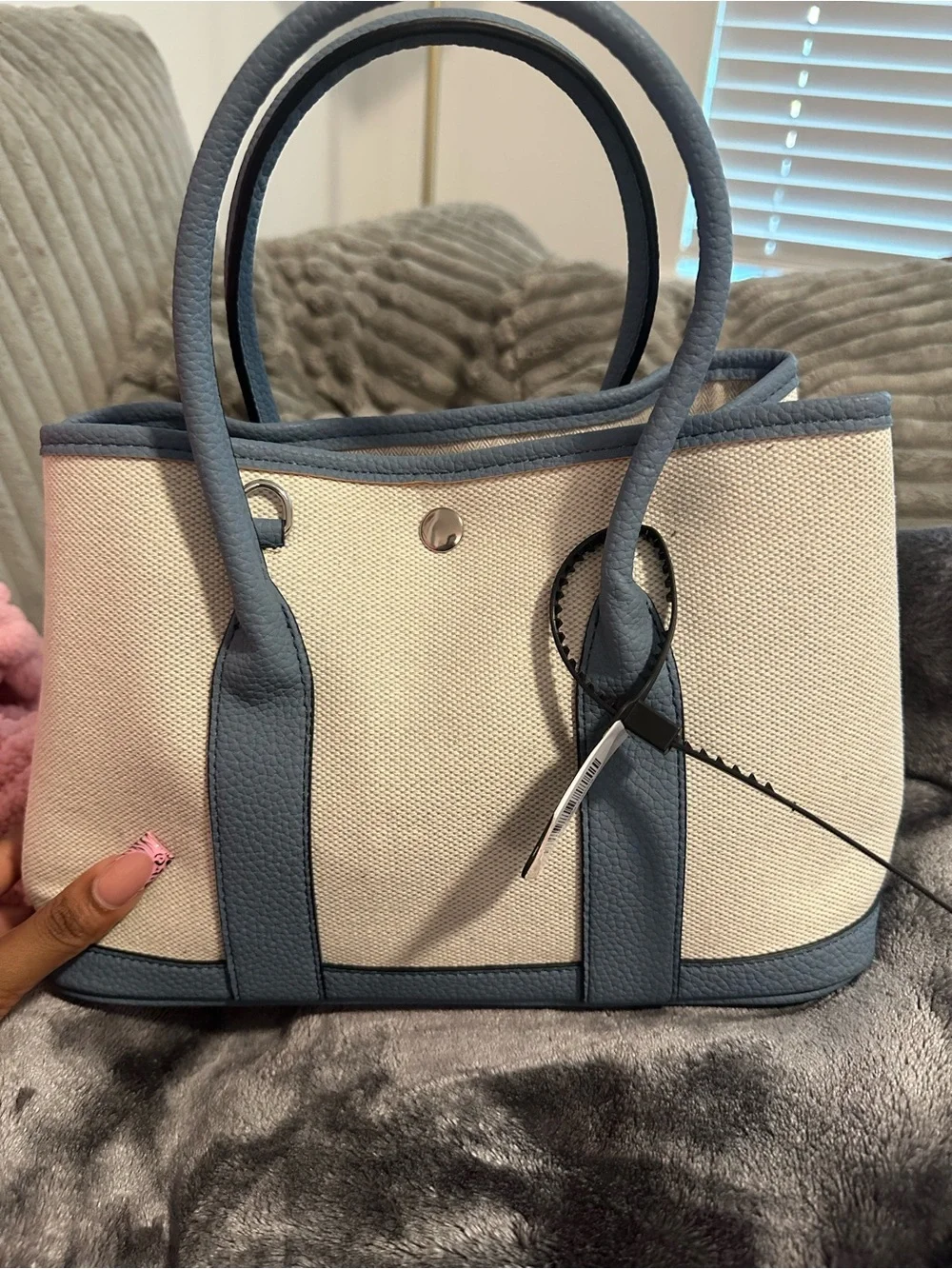 Canvas Tote Handbag with Blue Trim